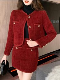 Work Dresses Year Christmas Party Woolen Two Pieces Set Women Single Breasted Red Tweed Short Jacket Coat Office Pencil Mini Skirt Suit