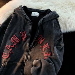 Y2K Zip UP Hoodie Grunge Women Men Autumn Embroidery Letter Long Sleeve Gothic Hooded Sweatshirt Lady Loose Retro Hooded Jacket 240123