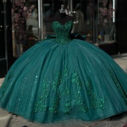 Emerald Green Appliques Lace Tull Ball Gown Quinceanera Dress Off The Shoulder Glitter Crystal Corset Vestidos 15 De XV Anos