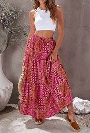 Skirts 2024 Boho Maxi High Waist Printing Pleated Ankle Length Holiday Vestidos A-line Summer Plus Size 5XL Skirt