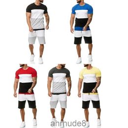 Mens New Patchwork Sets 2 Piece Outfit Sport Set Short Sleeve Tee and Shorts Summer Leisure Casual Male Suits 9PZD