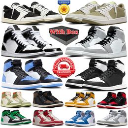 With box 1s jumpman 1 mid basketball shoes men women low Black White Phantom Olive UNC Toe Light Smoke Grey Space Jam Lucky Green Panda mens trainers sports sneakers
