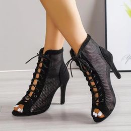 Dress Shoes Summer Women High Top Dance Sandals Girl Fashion Party Mesh Cutout Heel Sandalias