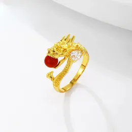Cluster Rings Pure 18K Gold Colour Red Agate Set Men's Dragon Ring For Men Advanced Explosion Open Live Jewlery Gifts