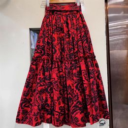 Skirts Spring And Summer Pure Cotton Printed Red Butterfly Single-breasted Long Skirt With Belt