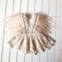 Princess Infant Baby Girls Lace Embroidery Romper Dress Sweet Feathers Fly Sleeve Backless White Jumpsuit Summer 240131