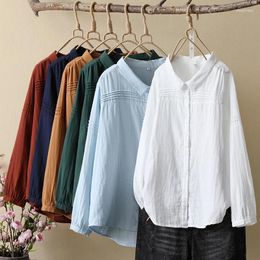 Women's Blouses 2024 Cotton Yarn Womens Casual Shirts Simple Fresh Long Sleeve Loose Women Tops Lady Solid Colour Shirt Clothes