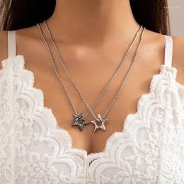 Chains Bilayer Silver Black Colour Hollow Out Pentagram Pendant Necklace Set For Women Girls Creative Star Geometric Jewellery