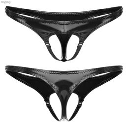 Briefs Panties Mens Sexy Erotic G-String Thong Wetlook PU Leather Underwear Cutout Pouch Butt Jockstrap Hole T-back Underpants YQ240215