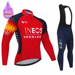 Ineos Winter Cycling Jersey Set Men Thermal Fleece Bicycle Clothing MTB Bike Bib Pants Ropa Ciclismo Triathlon Maillot 240131