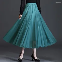 Skirts 2024 Tulle Womens Elegant Elastic Solid High Waist Mesh Pleated Skirt Faldas Casual Vintage Black Long Q5745