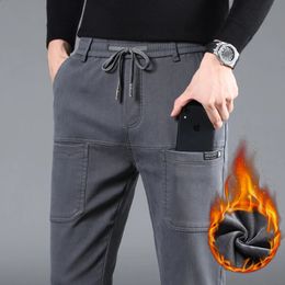 Winter Fleece Casual Pants Men's Patchwork Personalized Sixpocket Slim Thick Warm Sweatpants Male Elastic Waist Trousers 240125