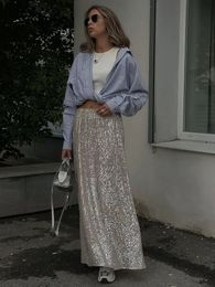 Sexy Sequin Maxi Skirt for Women Glitter High Waist Loose Elegant Club Long Skirt Sparkle Summer Fashion 240201