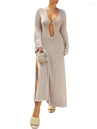 Casual Dresses Women Knitted Dress Long Sleeve V Neck Hollowed Solid See-through Slit