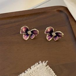 Stud Earrings Silver Needle Dropping Oil Purple Flower With Niche Design Sense French Retro Style Super Immortal Earrings.