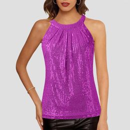 Women's Tanks 2024 Summer Sequin Shiny Vest Shirts Party Nightclub Y2K Sexy Tank Tops Female Casual Sleeveless Halt Neck Clothes