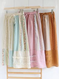 Skirts 60-118cm Elastic Waist / Spring Summer Women Japan Style Mori Kei Floral Print Plaid Lace Patchwork Loose Comfy Cotton