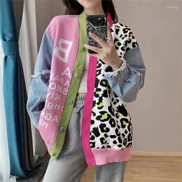 Women's Knits Leopard Print Denim Patchwork Coat Fashion Retro Contrasting Colour Knitted Cardigan Casual Gentle Long-sleeved Top Sweater