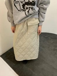 Skirts Japanese Loose High Waist Diamond Grid Press Line Large Pocket Warm Cotton Midi Skirt Women's Harajuku Chic Women Clothing