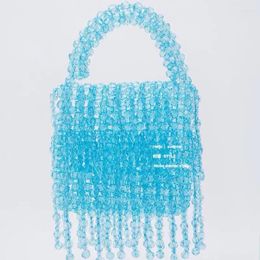 Evening Bags Lake Blue Acrylic Beaded Handmade Weaving Tassel Unique Design Handheld Women's Bag Customised Ins Summer Ladies Handbag