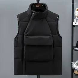 Men's Vests Big Pockets Korean Male Waistcoat Stand Collar Sleeveless Jacket Gilets Padded Winter Coat Warm Fashion Design Thermal Vest Men