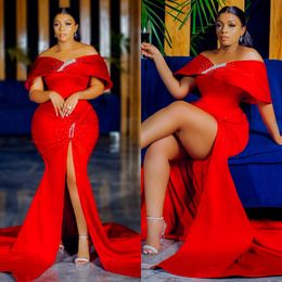 Red Plus Size Prom Dresses Mermaid Off Shoulder Hi Split Evening Dress Formal Dresses for Black Women Girls Outfit Beaded Lace Second Reception Birthday Gowns NL519