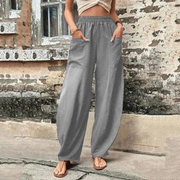 Women's Pants Women Wide Leg Summer Fashion Elastic Waist Double Pocket Solid Streetwear Loose Femme Casual Vintage Long Trousers 2024