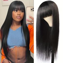 Silky Straight Human Hair Wigs With Bang Full Machine Made 830inch Natural Colour Glueless Peruvian Remy 240127