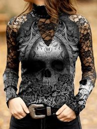 Gothic Skull Flower Tops Women Hollow Lace Long Sleeve Tee Sexy Girls Vintage Slim T Shirts 240118