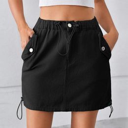 Skirts Women Spring And Summer Solid Colour Washed Drawstring Elastic Waist Casual Sexy Denim Work Skirt