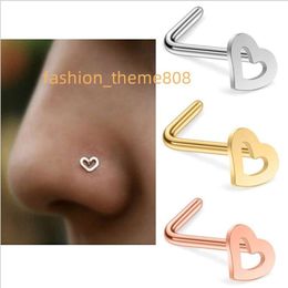 Free Sample Body Jewelry Wholesale Hollow Heart L Shape Nostril Nose Piercing Ring