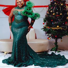 2024 Aso Ebi Dark Green Mermaid Prom Dress Sequined Lace Beaded Crystals Evening Formal Party Second Reception Birthday Engagement Gowns Dresses Robe De Soiree ZJ18