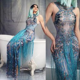 Stage Wear Fashion Crystals Rhinestone Party Long Dress Women Sleeveless Tassel Club Blue Sexy Jazz Singer Dancer Costumes