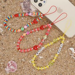 Link Bracelets Go2BoHo Multi Coloured Heart Mobile Phone Chain Rainbow Charm Jewellery 2024 Fashion Striped Beaded Lanyard For Cell Women