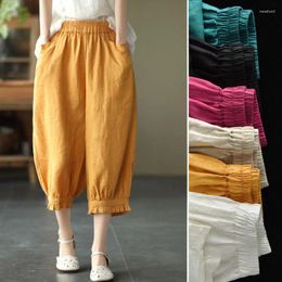 Women's Pants Summer Ruffles Casual Cotton Linen Women Elastic Waist Solid Pockets Retro Loose Harem Trousers Bottoms