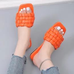 Slippers Maogu Female Square Toe Flat Sandals Plus Size 43 Weave Soft For Women Summer 2024 Orange Beach Slipper