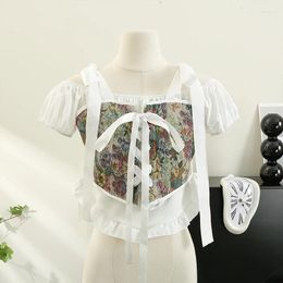 Women's Blouses Vintage Corset Top Square Collar Floral Printed Patchwork Blouse Lace-up French Chic Bow Summer Drop