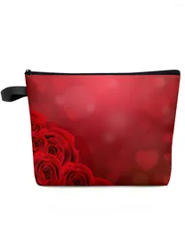 Cosmetic Bags Valentine's Day Rose Red Flower Heart Custom Travel Bag Portable Makeup Storage Pouch Women Waterproof Pencil Case