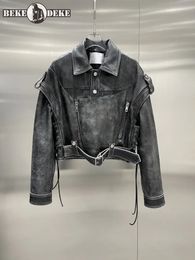 Luxury Vintage Women 100% Real Cowhide Moto Biker Jacket Designer Coat Lace Up Belted Punk Stage Show Genuine Leather Jacket 240129
