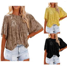 Women's Blouses Womens 3 /4 Bell Sleeve Blouse Summer Crewneck Lace Tops Floral Textured Shirts