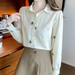 Women's Blouses POLO Neck Long Sleeved Cotton Shirt For Autumn Vintage Embroidered Loose Bottomed Blouse Top