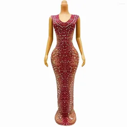 Stage Wear Fashion Red Rhinestones Silver Sequins Designed Dress Evening Birthday Celebrate Costume Performance Dance Sexy Outfit