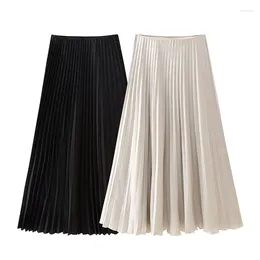 Skirts YENKYE 2024 Women Vintage Elastic High Waist Solid Pleated Satin Skirt Midi Faldas