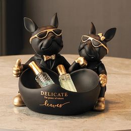 Lovers Bulldog Statue with Bowl Storage Box For Keys Jewellery French Figurine Resin Home Table Decoration Sulpture 240127