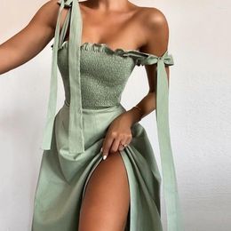 Casual Dresses Women Summer Dress Green Strapless Sleevess Midi Female Party Club Elegant Bow Bandage Off Shoulder Solid