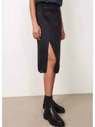 Skirts Women Button Slit Asymmetrical Skirt Black Silky Sexy Female High Waist Fashion Jupe