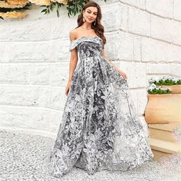 Ethnic Clothing Mesh Floral Print Sexy Women Off Shoulder Evening Party Gown Bridesmaid Wedding Elegant Long Maxi Dresses Prom Vestidos