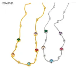 Chains JeeMango Stainless Steel Colourful Cubic Zirconia Chain Necklace For Women Trendy Delicate Jewellery Bijoux Femme Party JN23034