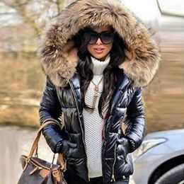 Women's Trench Coats Faux Fur Collar Glossy Women Parka Winter Jacket Cotton Down Hooded Overcoat Windproof Casual Jackets Coat Outerwear