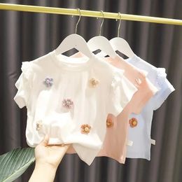 Summer Girls Tshirt Childrens Baby Cute Lace Shortsleeved Top Little Girl Cotton Bottoming Shirt 240131